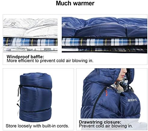 REDCAMP Flannel Sleeping Bag for Adults, Comfortable Cotton Sleeping Bags for Camping with Detachable Hood, Red/Grey/Blue/Black