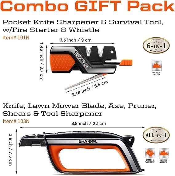 SHARPAL Pocket Knife Sharpener & Garden Tool Sharpener, Sharpening Straight and Serrated Knives, Lawn Mower Blade, Axe, Pruners, Shears, Scissors, Combo Gift Pack w/Greeting Card