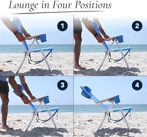 CARIBBEAN JOE Folding Beach Chair, 4 Position Portable Backpack Foldable Camping Chair with Headrest, Cup Holder, and Wooden Armrests