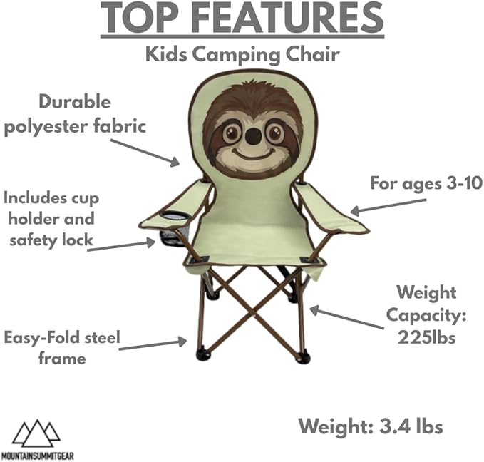 MOUNTAIN SUMMIT GEAR Kids Camping Chair - Foldable Camp Chair with Carrying Case for Outdoor Recreation, Sports, Camping and Fishing (by Caddis Sports) (2, Sloth)
