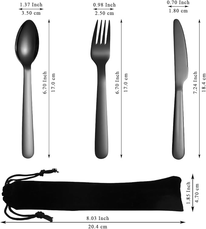 Evanda Portable Silverware Set Set of 2 Packs, Include Knife Fork Spoon, Black Titanium Plating Cutlery Set With Black Bag, For Home Kitchen Camping Travel, Dishwasher Safe