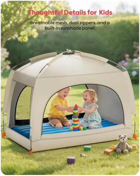 QPAU Inflatable Toddler Travel Bed with Tent – Lightweight Blow Up Kids Air Mattress with Hand Pump – Indoor & Outdoor Portable Sleeping Solution for Camping, Travel, Home, Grandma’s – Ages 3+