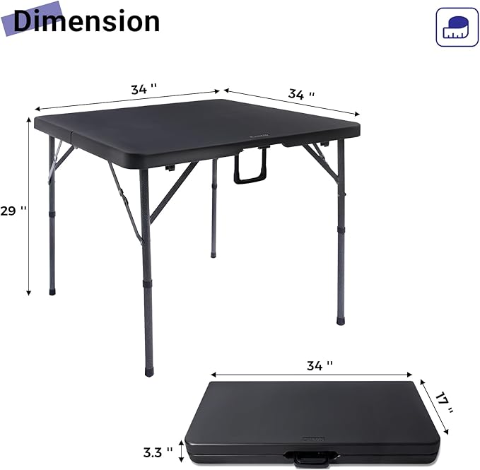 Byliable 34" Square Folding Card Table, Fold-in-Half Utility Dining Portable Table Heavy Duty HDPE Plastic Foldable with Carrying Handle Indoor Outdoor for Picnic, Camping, Party, Black