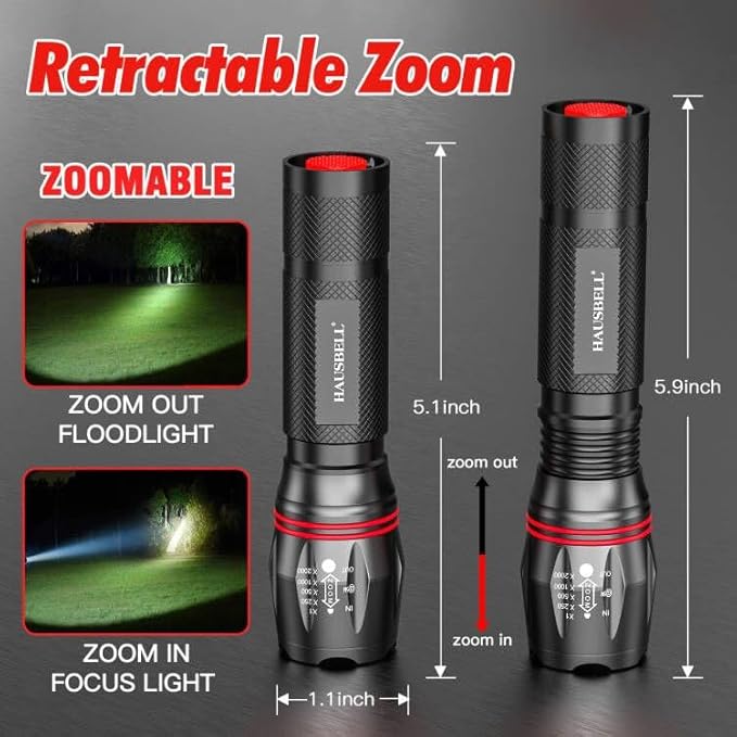 HAUSBELL T8 Upgraded Flashlight 4 Pack, 2000 Lumens High Lumens Tactical Flashlights, 5 Modes Zoomable Waterproof, with Batteries Included for Camping Emergency