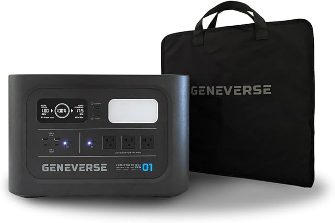 Geneverse 1210Wh Solar Generator Bundle: 1X HomePower ONE PRO Power Station (3X 1200W AC Outlets) + 2X 100W Mini Solar Panels. Indoor-Safe, LiFePO4 Backup Battery Generator for Home. (60-GVUS-SG2M2)