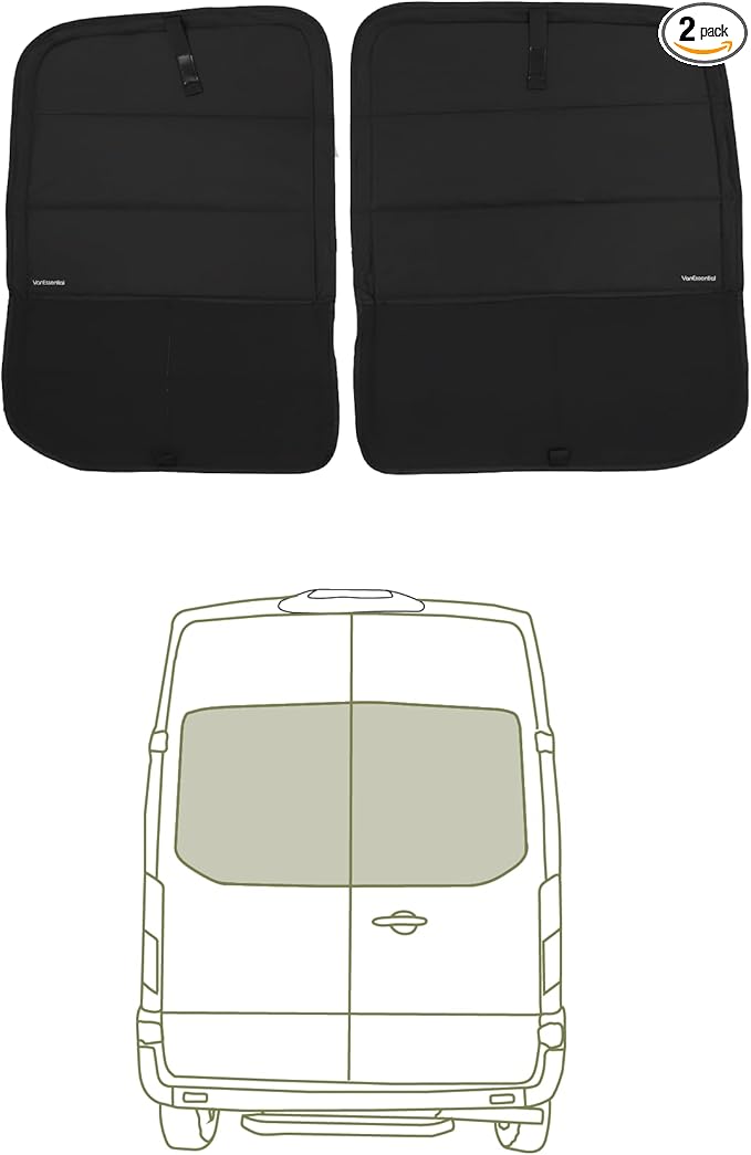 VanEssential Insulated Stealth Blackout Window Cover Designed for Ford Transit High/Medium Roof Full Plastic Trim (Van Years 2015 - Current) Rear Door Window (Pair) - Black
