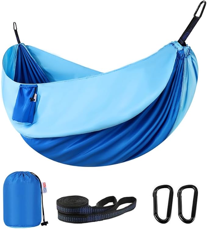 Camping Hammock, Portable Hammocks with Tree Straps & Attached Carry Bag, Travel Tree Hammocks for Outside Indoor Hiking Beach Backpack Travel(Blue, Polyester Pongee)