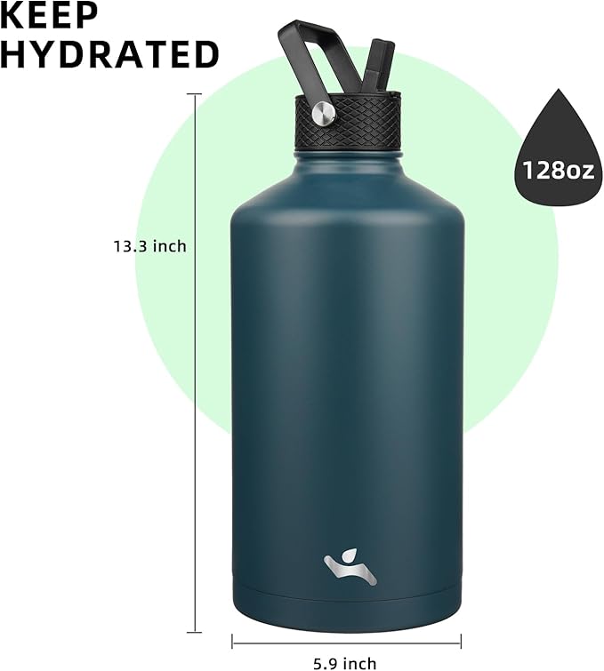 Konokyo Gallon Insulated Water Bottle with Straw,128 oz 3 Lids Water Jug with Carrying Bag,Paracord Handle, Double Wall Vacuum Stainless Steel Metal Flask,Navy Blue