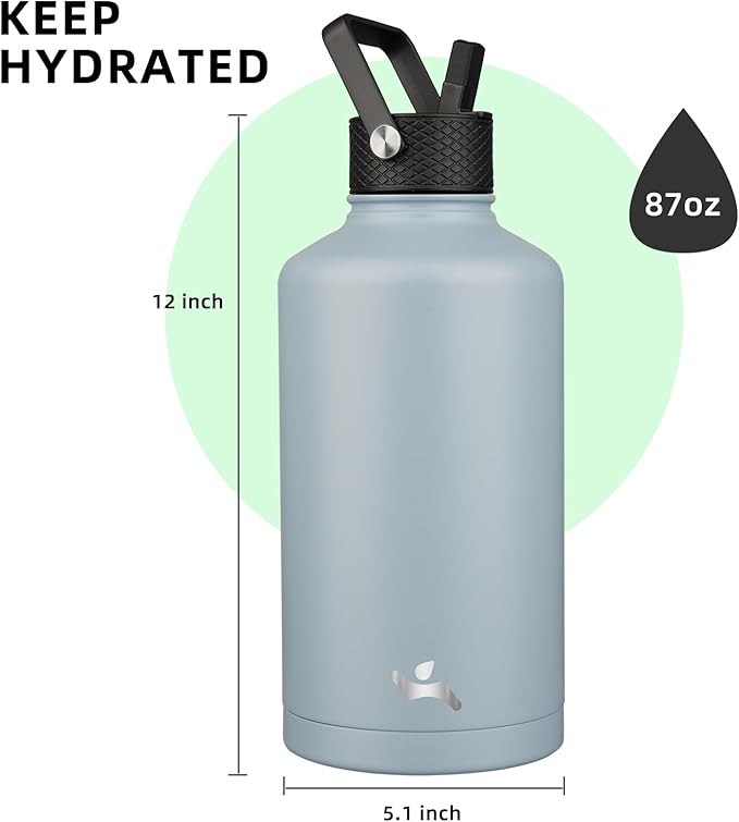 Konokyo Insulated Water Bottle with Straw,87 oz 3 Lids Water Jug with Carrying Bag,Paracord Handle,Double Wall Vacuum Stainless Steel Metal Flask,Storm Blue