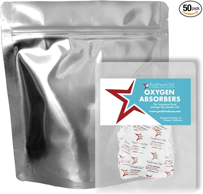 PackFreshUSA: 50 Pack - 7 Mil - Quart Seal-Top Stand Up Mylar Bags - 200cc Oxygen Absorbers - Rounded Corners - Long-Term Food Storage Guide