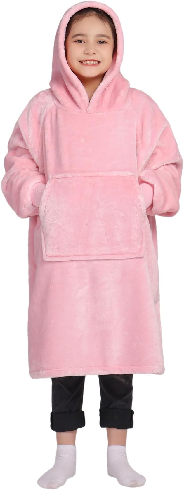 Waitu Wearable Blanket for Kids, Wearable Blanket Hoodie Gifts for Teens Girls and Boys, Warm Blanket Sweatshirt for Teenage, Hoodie Blanket with Sleeves - Bright Pink