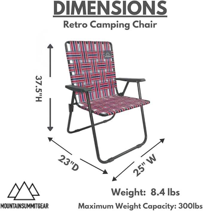 MOUNTAIN SUMMIT GEAR Retro Webbed Camping Chair - Lightweight, Foldable, Durable Steel Frame, 300lb Capacity, Vintage Stripes by Caddis Sports (2, Red/Blue)
