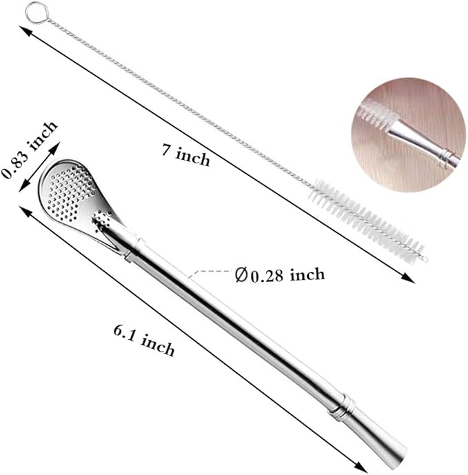 Yerba Mate Bombilla Gourd Drinking Filter Straws 304 Food-Grade Stainless Steel 6.1 inch Long Spoon Bombillas Straws for Mate Tea Set of 3 with Cleaning Brush (silver)