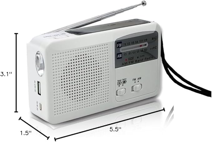 Emergency Radio with Solar and Hand Crank Self Powered, Battery USB Recharging FM/AM Radio LED Flashlight Cell Phone Charger (White)