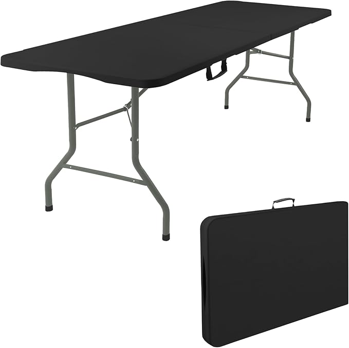 Fivenl 5 Feet Portable Folding Table Black, Steel Legs Fold-in-Half with Carrying Handle Rectangular Plastic Foldable Table for Party, Wedding, Camping, Picnic, Dining, Indoor Outdoor Events