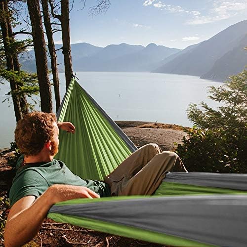 Fox Outfitters Neolite Double Camping Hammock - Lightweight Portable Nylon Parachute Hammock for Backpacking, Travel, Beach, Yard. Hammock Straps & Steel Carabiners Included (Grey/Lime Green)