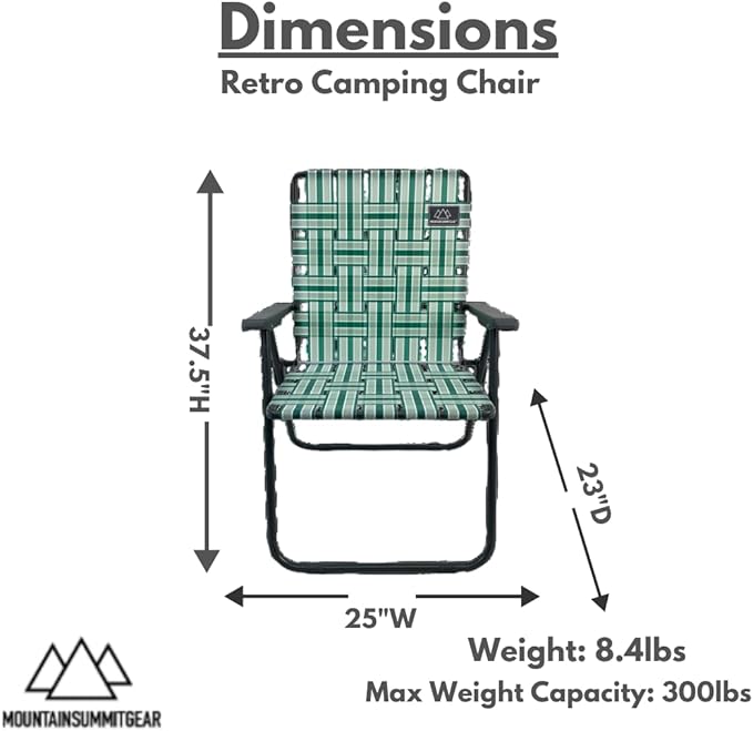 MOUNTAIN SUMMIT GEAR Retro Webbed Camping Chair - Lightweight, Foldable, Durable Steel Frame, 300lb Capacity, Vintage Stripes by Caddis Sports (1, Sage Green)