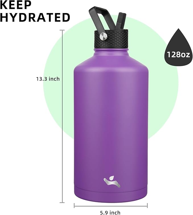 Konokyo Gallon Insulated Water Bottle with Straw,128 oz 3 Lids Water Jug with Carrying Bag,Paracord Handle, Double Wall Vacuum Stainless Steel Metal Flask,Purple