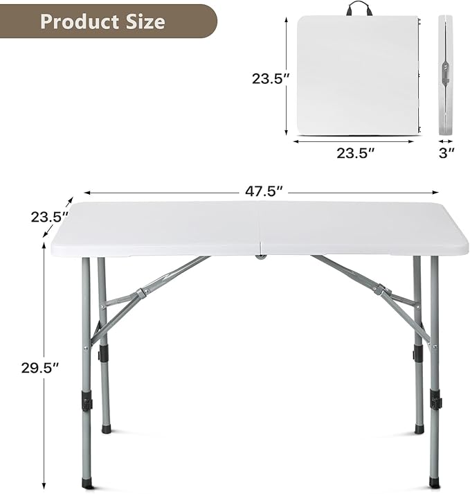OS MOTOR 4ft Folding Table with Carry Handle, Portable Heavy Duty Plastic Utility Table with Steel Legs for Party, Wedding, Camping, Indoor, Outdoor Event, 48 Inch, White
