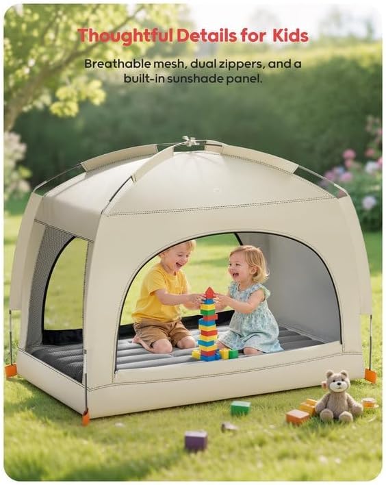 QPAU Inflatable Toddler Travel Bed with Tent – Lightweight Blow Up Kids Air Mattress with Hand Pump – Indoor & Outdoor Portable Sleeping Solution for Camping, Travel, Home, Grandma’s – Ages 3+
