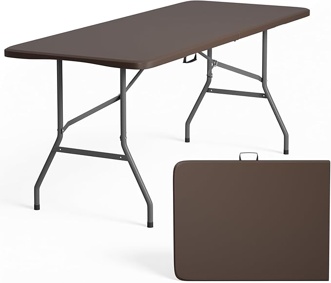 FDW 6 Foot Folding Table, Portable Plastic Table with Carrying Handle Perfect for Indoor, Outdoor, Party, Dining, Wedding, Events, Camping, Brown