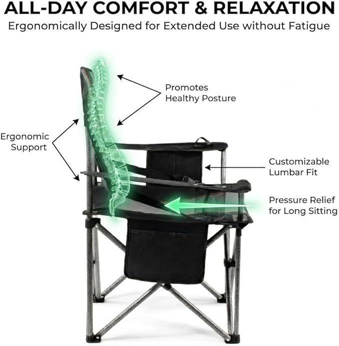 FAIR WIND Padded Camping Chair 500LBS Capacity Heavy Duty Oversized Folding Chair for Heavy People Portable Lawn Chair with Adjustable Lumbar Support, Cooler Bag & Cup Holder for Outdoor, Beach