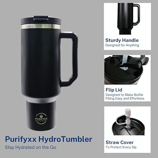 HydraTumbler | 40 oz Filtered Stainless Steel Tumbler | Includes 3-Month Water Filter | BPA-Free, Removes Lead, Chlorine, Arsenic, VOCs (Black, 40 OZ)