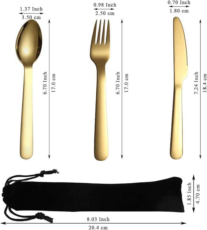 Evanda 3 Piece Portable Silverware Set, Include Knife Fork Spoon, Gold Titanium Plating Camping Cutlery Set With Black Bag, For Home Kitchen Camping Travel, Dishwasher Safe