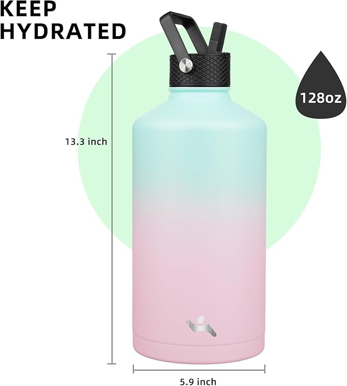 Konokyo Gallon Insulated Water Bottle with Straw,128 oz 3 Lids Water Jug with Carrying Bag,Paracord Handle, Double Wall Vacuum Stainless Steel Metal Flask,Gum