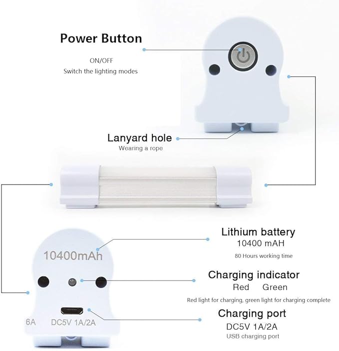 LETOUR 10pcs LED Tube Magnetic Light Work Lights 6000Lumens 10400mAh 5 Lighting Options Camping Lantern USB Rechargeable Portable Battery Powered Lights with 2 Magnets Endurance for 80 Hours