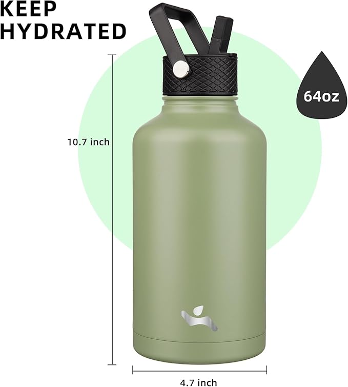 Konokyo Half Gallon Insulated Water Bottle with Straw,64 oz 3 Lids Water Jug with Carrying Bag,Paracord Handle, Double Wall Vacuum Stainless Steel Metal Flask,Camp Green