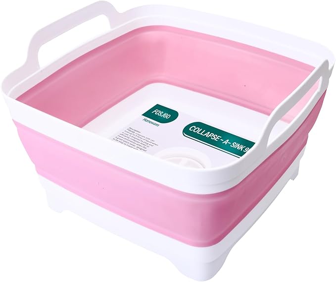 FOSJGO 2.4 Gal(9L) Collapsible Dish Basin with Drain Plug,Space Saving Multiuse Foldable Sink Tub,Dishpan,Kitchen Sink for Camping,Plastic Tub,Vegetable Washing,RV…