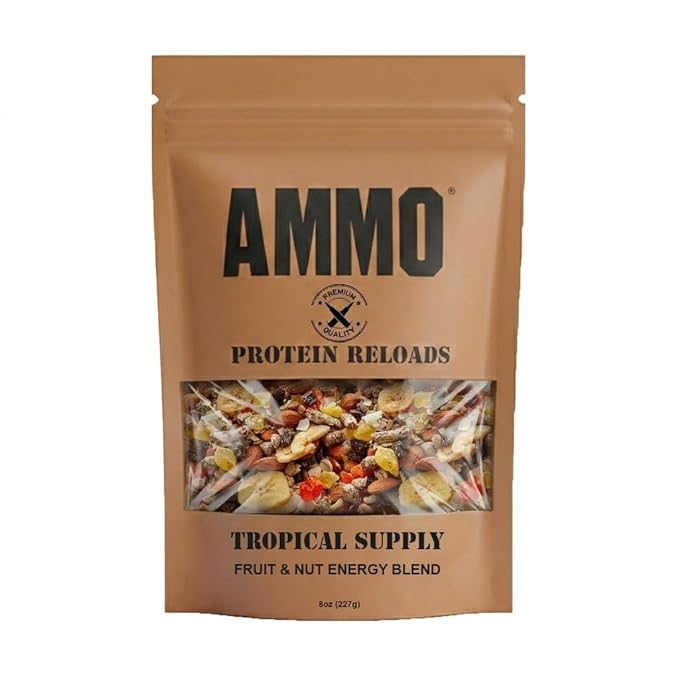 AMMO® Tropical Supply Trail Mix – High-Density Survival Food – 8oz Fruit & Nut Energy Snack mix with Pineapple, Almonds & Cashews – Tactical Emergency Rations & Hiking Fuel