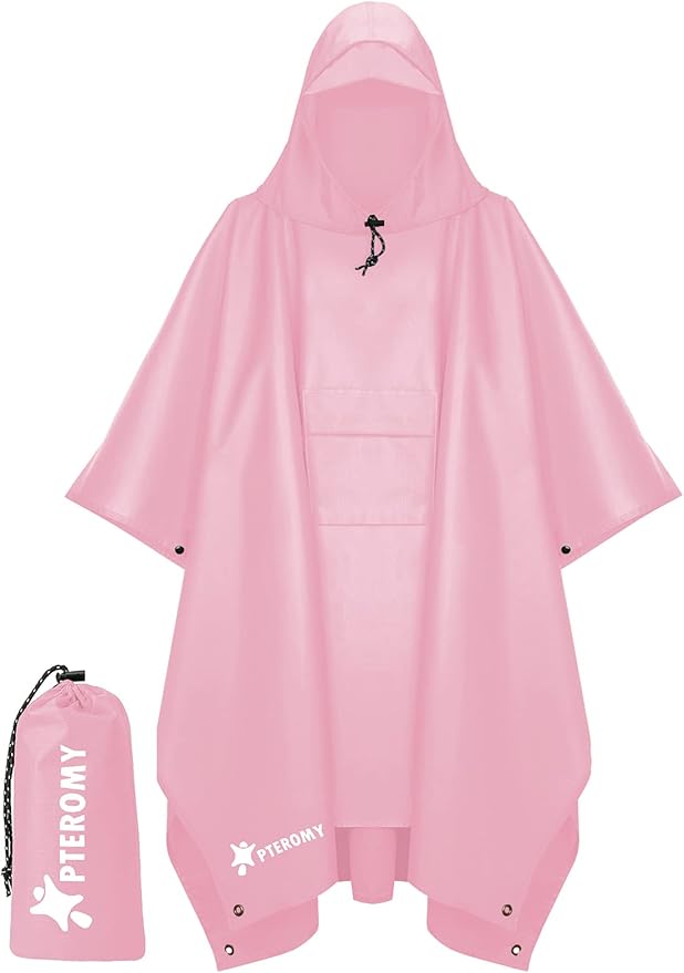 PTEROMY 3-in-1 Hooded Rain Poncho for Adult with Pocket, Waterproof Lightweight Unisex Raincoat for Hiking Camping Emergency