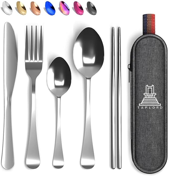 Taplord Portable Travel Silverware Set With Case, Includes 5 Pcs of Travel Utensils With Case, Stainless Steel Flatware Set For Camping, Easy to Travel, Lightweight (Silver), Medium, TL-05S