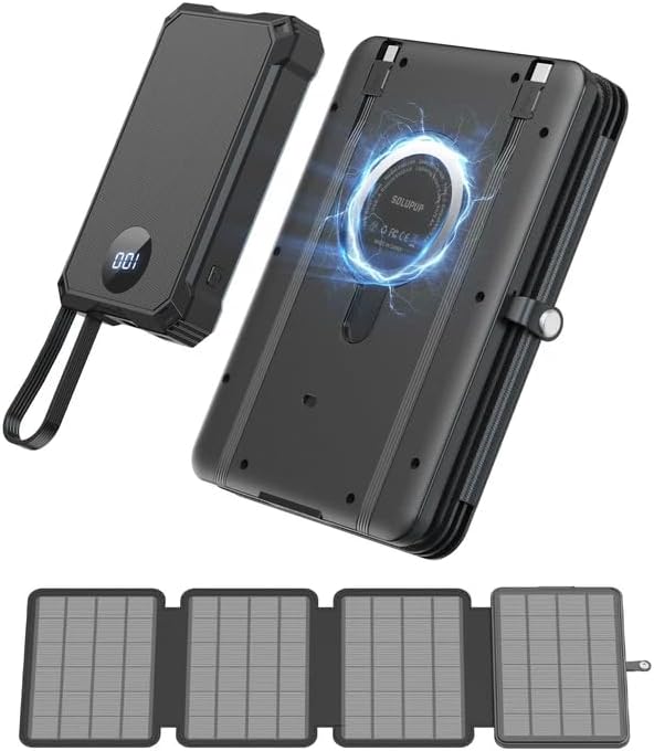 SOLUPUP Solar Charger Power Bank 10000mAh with 5-Port Fast Charging 4 Foldable Panels, Wireless Charging External Battery Pack, USB-C in/Output & IP67 Waterproof Flashlight for Camping Hiking Outdoor