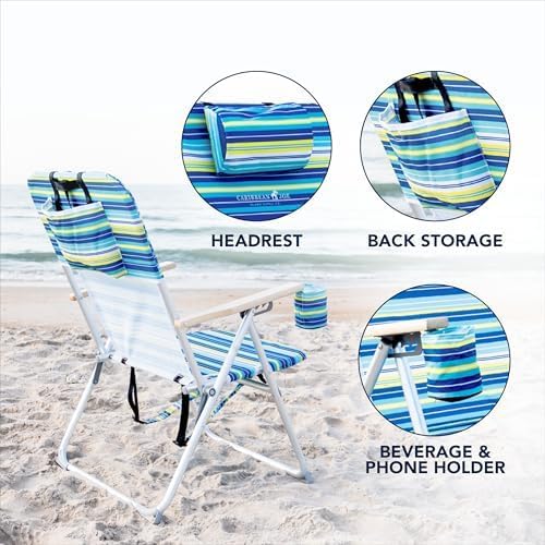 CARIBBEAN JOE Folding Beach Chair, 4 Position Portable Backpack Foldable Camping Chair with Headrest, Cup Holder, and Wooden Armrests
