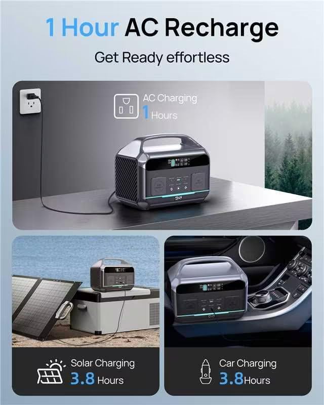 Daran portable station 600W(peak 1200W)with 100w solar panel,576Wh Small Lightweight Portable generator,100w usb-c pd output,1hr fast charging,1 AC Outlet,power bank for camping,spring outdoor use
