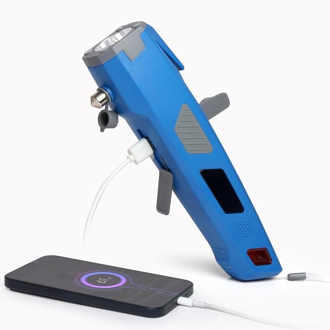 LUXON 8-in-1 Car Emergency Escape Safety Tool Kit:Window Breaker,Seat Belt Cutter,LED Flashlight,Rescue Tool USB Charger,Sire Blink Light, Hand Cranking Charge,Magnetic for Vehicle Escape(Blue)