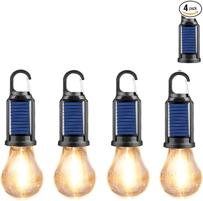 4 Pack Solar Camping Lights Hooked Tent Lamp Hanging Outdoor Camp Small Rechargeable Bulb Portable Lantern with Clip Hook 3 Lighting Modes for Hiking Backpacking Warm Light