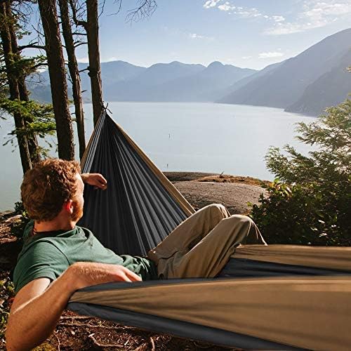 Fox Outfitters Neolite Double Camping Hammock - Lightweight Portable Nylon Parachute Hammock for Backpacking, Travel, Beach, Yard. Hammock Straps & Steel Carabiners Included (Khaki/Black)