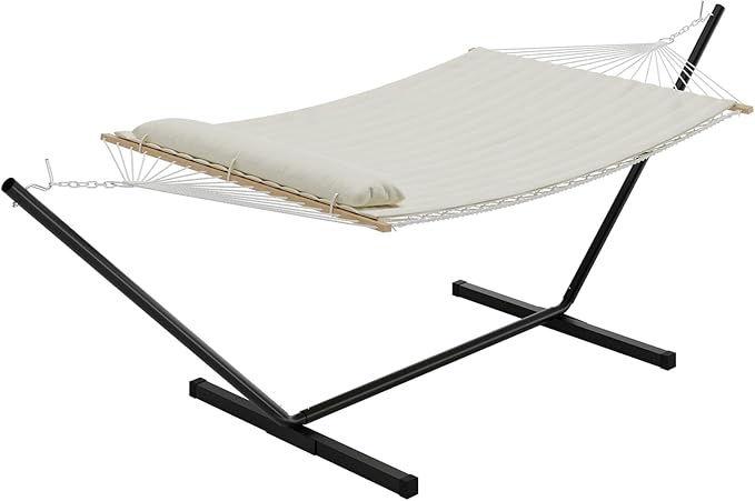 TrailBlaze Double Hammock with Stand – Heavy-Duty 2-Person Portable Rope Hammock, 350 lbs Capacity, Includes Comfort Pad & Pillow, Easy Assembly, for Outdoor and Indoor Use - Beige