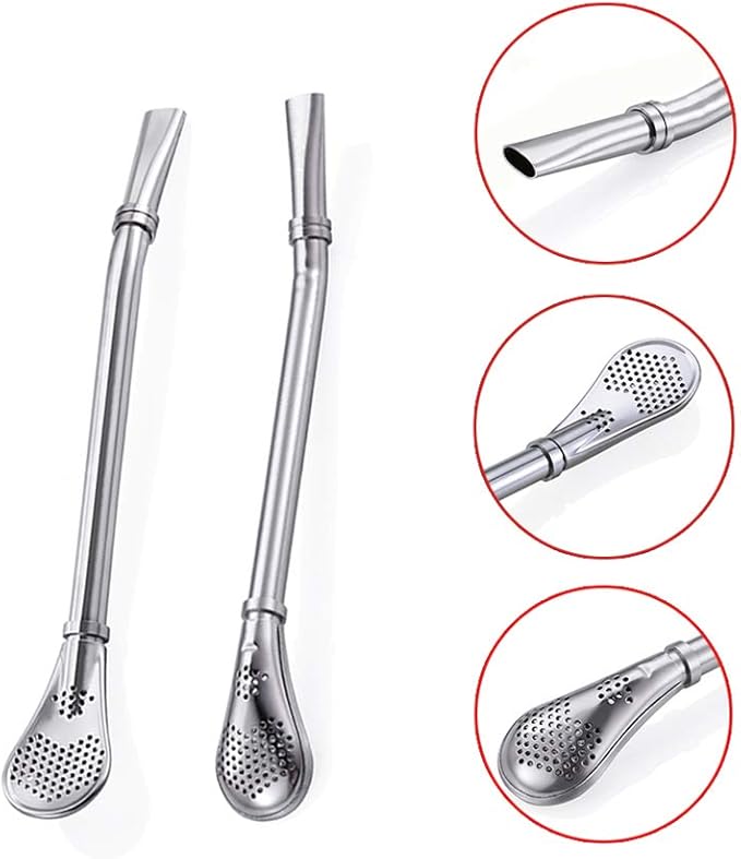 Yerba Mate Bombilla Gourd Drinking Filter Straws 304 Food-Grade Stainless Steel 6.1 inch Long Spoon Bombillas Straws for Mate Tea Set of 3 with Cleaning Brush (silver)