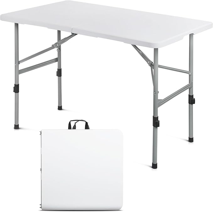 OS MOTOR 4ft Folding Table with Carry Handle, Portable Heavy Duty Plastic Utility Table with Steel Legs for Party, Wedding, Camping, Indoor, Outdoor Event, 48 Inch, White