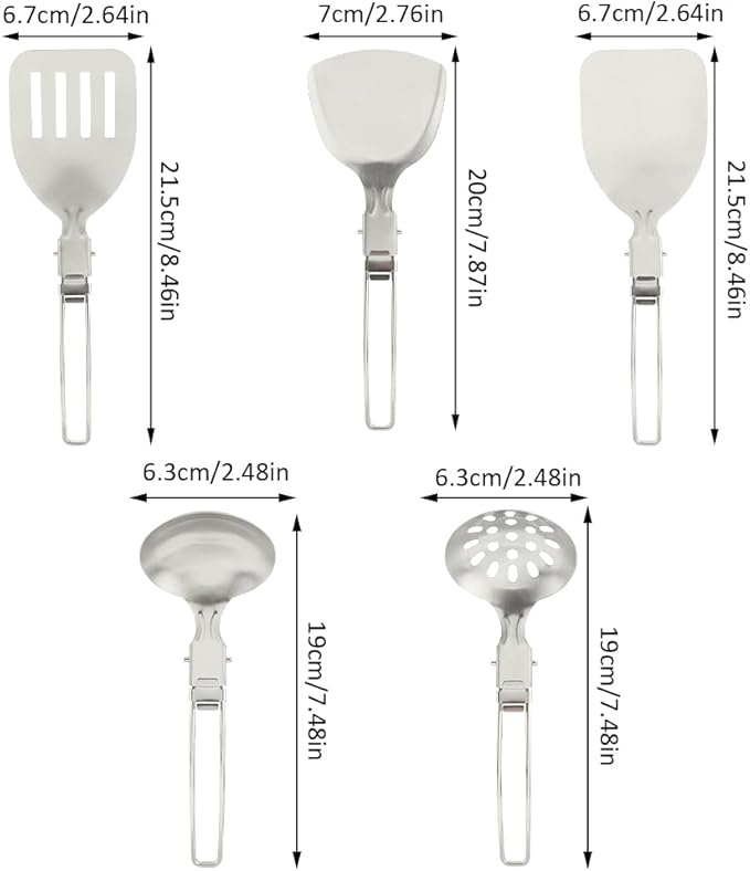 Kakalote Camping Kitchen Utensil Set,5Pcs Stainless Steel Portable Folding Outdoor Cooking Utensil,Camping Utensils Set,Camping Cooking Utensils,for RV Car,Tent Campers,Outdoor Picnics BBQ