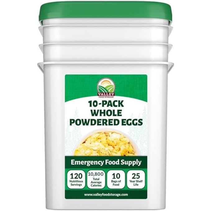 Valley Food Storage Freeze Dried Whole Powdered Eggs | 10-Bag Bucket, 63.5 oz | Premium Emergency Food Supply, 25 Year Shelf Life | Non-GMO Prepper Supplies, Survival Food, Camping & Off-Grid Living