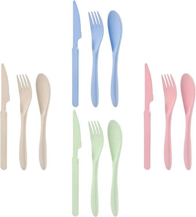 Knives Spoons and Forks Set, Wheat Straw Cutlery Set, Reusable Flatware Set for 4, Utensils for Party, Travel, Work, Picnic, Camping or Daily Use (Green, Beige, Pink, Blue)