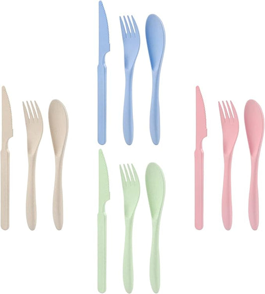 Knives Spoons and Forks Set, Wheat Straw Cutlery Set, Reusable Flatware Set for 4, Utensils for Party, Travel, Work, Picnic, Camping or Daily Use (Green, Beige, Pink, Blue)