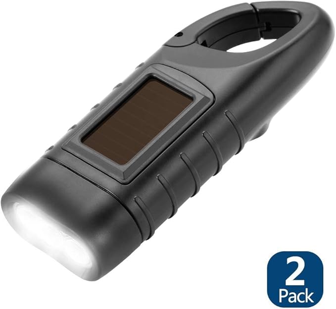 Simpeak 2-Pack Hand Crank Solar Powered LED Flashlight, Emergency Survival Flashlight with Dynamo Torch for Outdoor Sports, Black