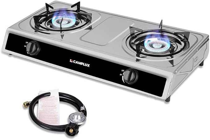 CAMPLUX 2 Burner Propane Camping Gas Stove for Outdoor Cooking, 19,600 BTU Portable Double Burner Propane Cooktop Stainless Steel with Auto Ignition, Estufa de Gas Portatil, for Patio, Camping, BBQ
